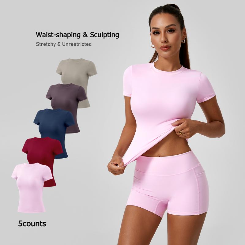 5-Piece Solid Sports Tee Set - Round Neck Slim Stretchy Ideal for Yoga Gym